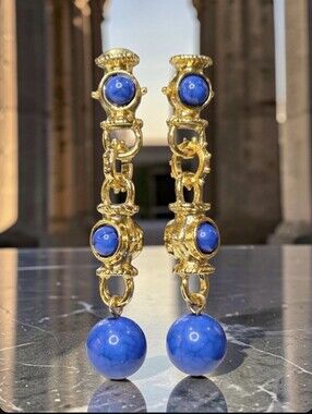 Byzantine Revival 18k Gold Plated Lapis Lazuli Stone Cabochon Dangle Earrings